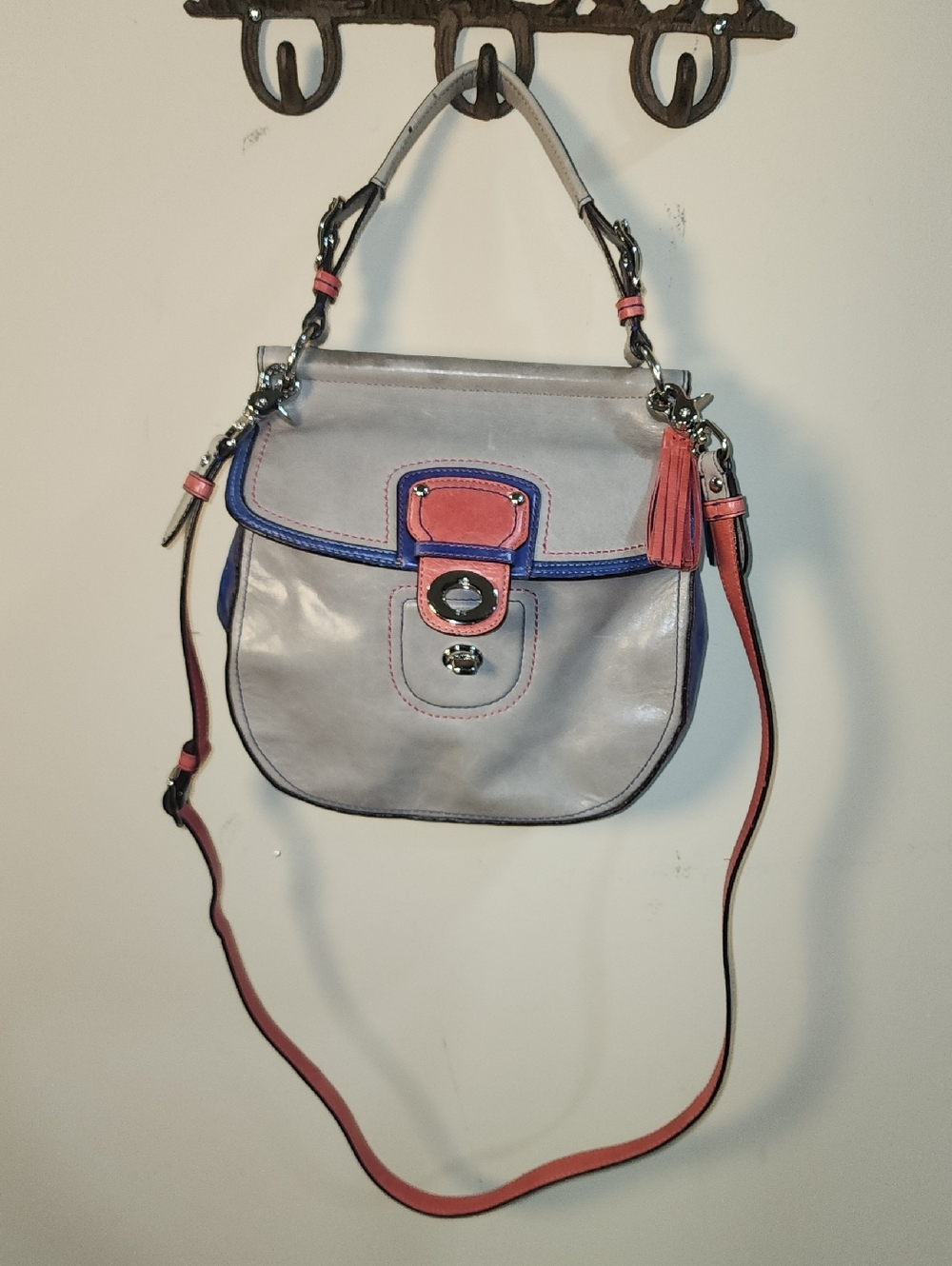 Coach Legacy Willis Colorblock Gray Leather Shoulder Bag Coral Navy Accents - Picture 12 of 14